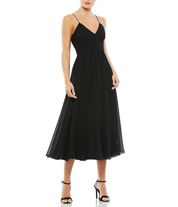 Mac Duggal Chiffon V-Neck Sleeveless Faux Wrap Flowy Midi Dress Product Image