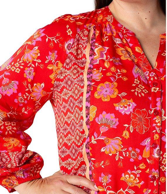 Liverpool Los Angeles Plus Size Woven Floral Split V-Neck Long Sleeve Button Front Blouse Product Image