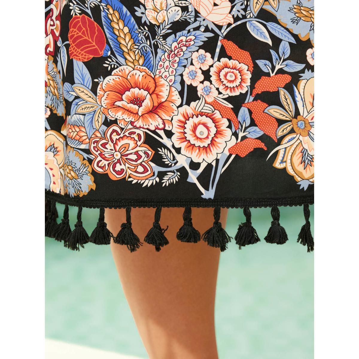 Plus Size Romantic Floral Print Vacation Kimono Cardigan Women Black Boho Tie knot Loose Vacation Kimonos BloomChic 14-16/1X Product Image