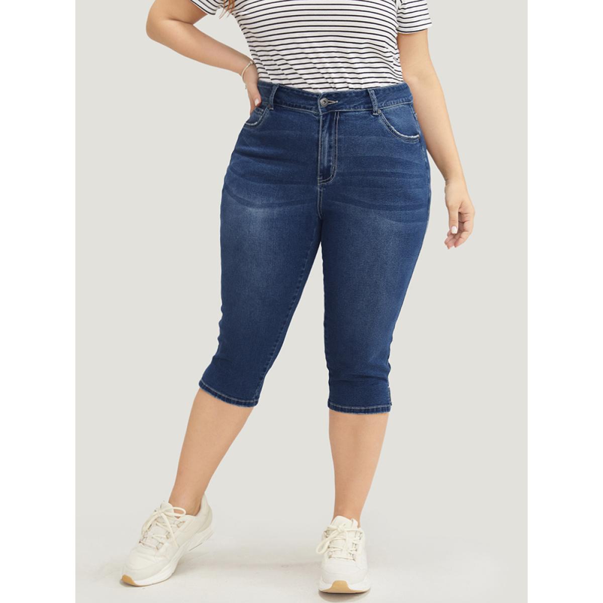 Plus Size Very Stretchy Medium Wash Split Hem Knee Denim Shorts Women DarkBlue High stretch Dailywear Pocket Casual Denim Shorts BloomChic 28/5X Product Image