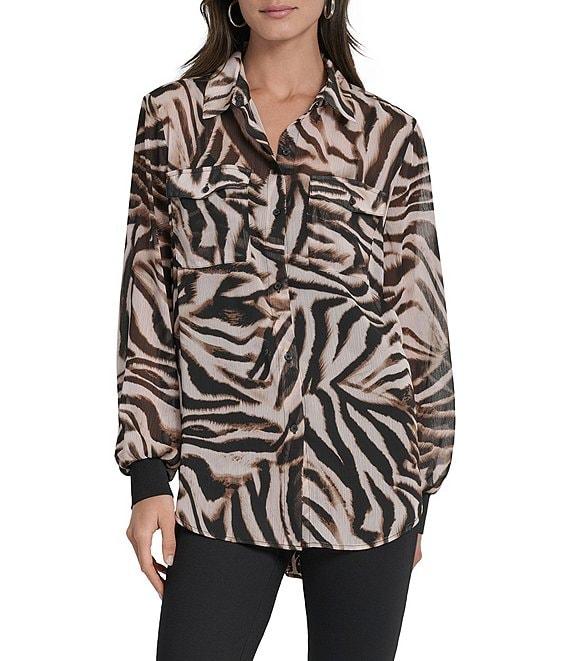 DKNY by Donna Karan Zebra Print Crinkle Chiffon Long Sleeve Collared Button Front Blouse Product Image