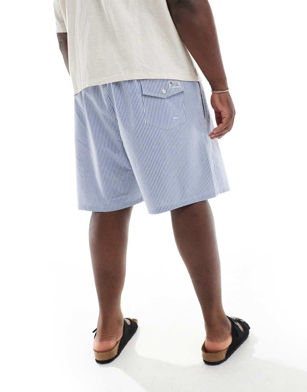 Polo Ralph Lauren Big & Tall Traveler icon logo seersucker stripe swim shorts classic fit in mid blue Product Image