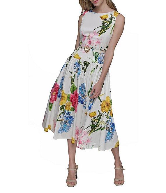KARL LAGERFELD PARIS Poplin Floral Print Crew Neck Sleeveless Belted Drop Waist Midi Dress Product Image