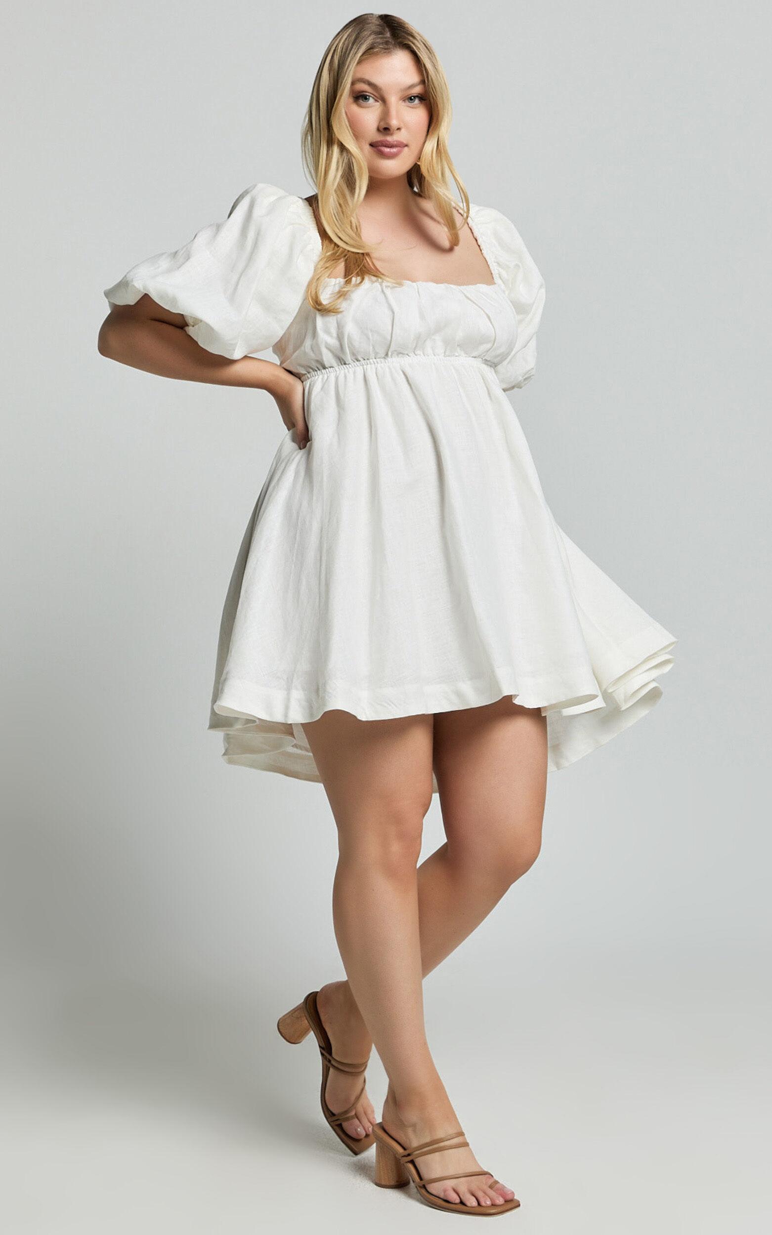 Amalie The Label - Hamyya Linen Tie Back Puff Sleeve Mini Linen Dress in White Product Image