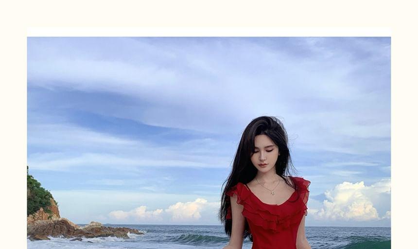 Sleeveless Scoop Neck Plain Ruffle Trim Slit Maxi Sheath Dress Product Image