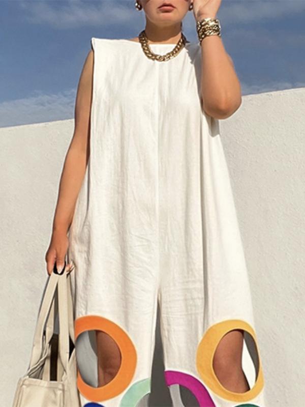 Loose Sleeveless Contrast Color Hollow Jumpsuits Product Image