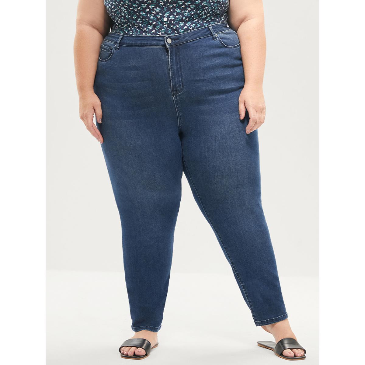 Plus Size Skinny Extremely Stretchy High Rise Medium Wash Sculpt Waist Jeans Women Blue Casual Plain Tummy control Super stretch Slanted pocket Jeans BloomChic 24/3X Product Image