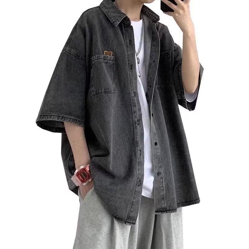 Elbow Sleeve Collared Washed Denim Shirt Product Image