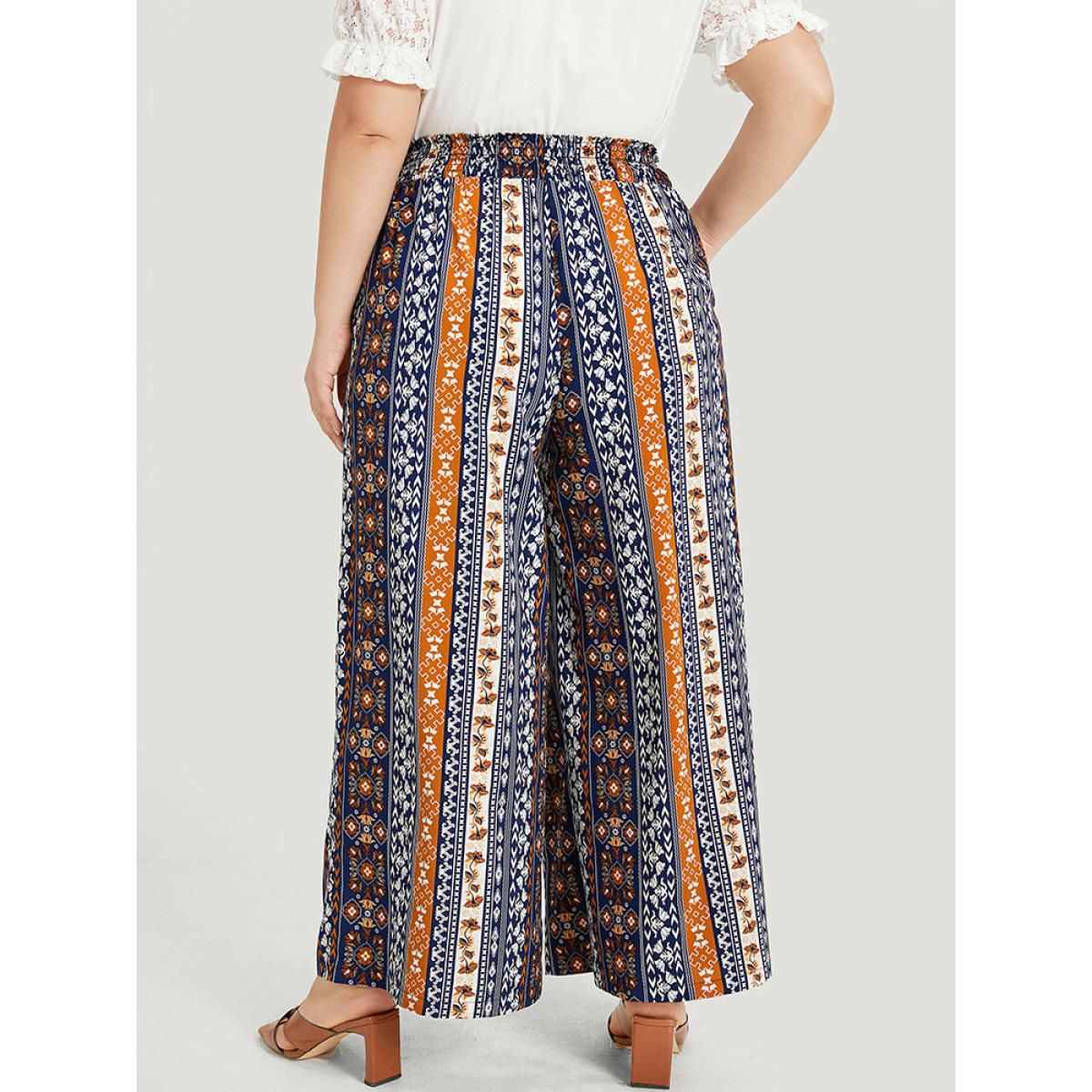 Plus Size Boho Print Shirred Pocket Elastic Waist Pants Women Indigo Resort Wide Leg High Rise Vacation Pants BloomChic 10/M Product Image