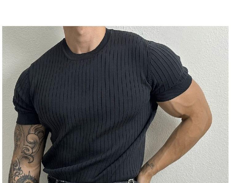 Short-Sleeve Crew Neck Plain Ribbed Knit Top Product Image