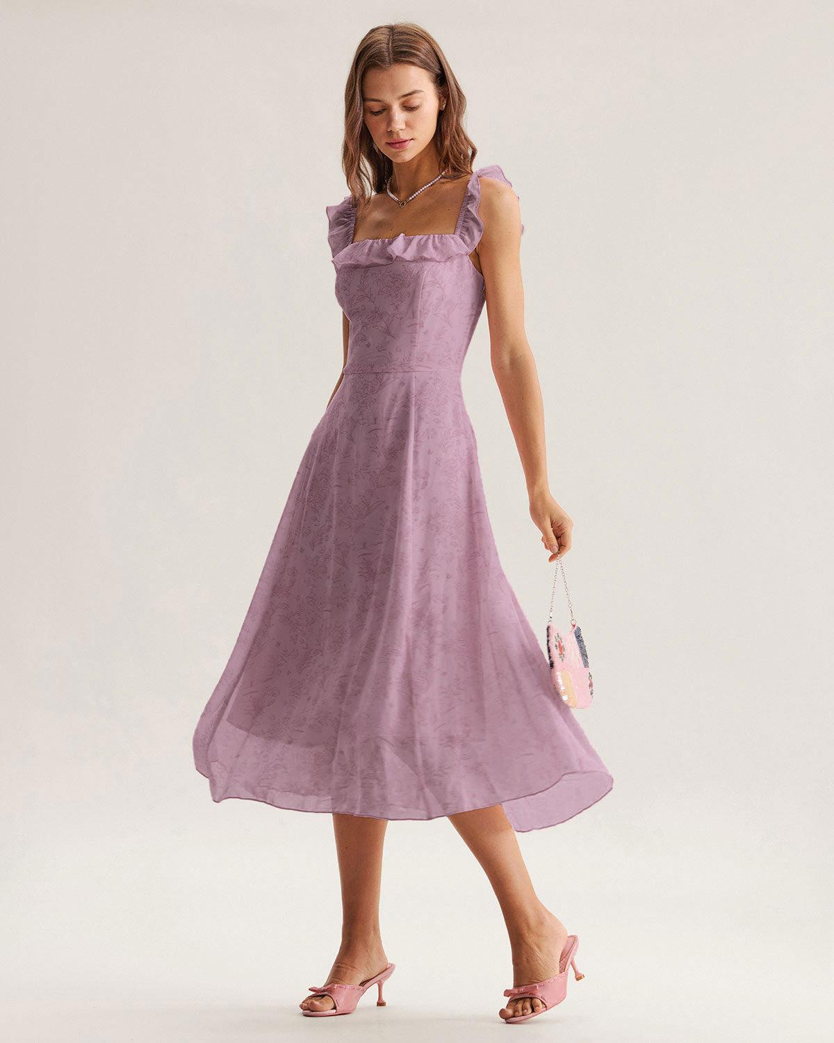 Purple Floral Square Neck Ruffle Slip Midi Dress Product Image