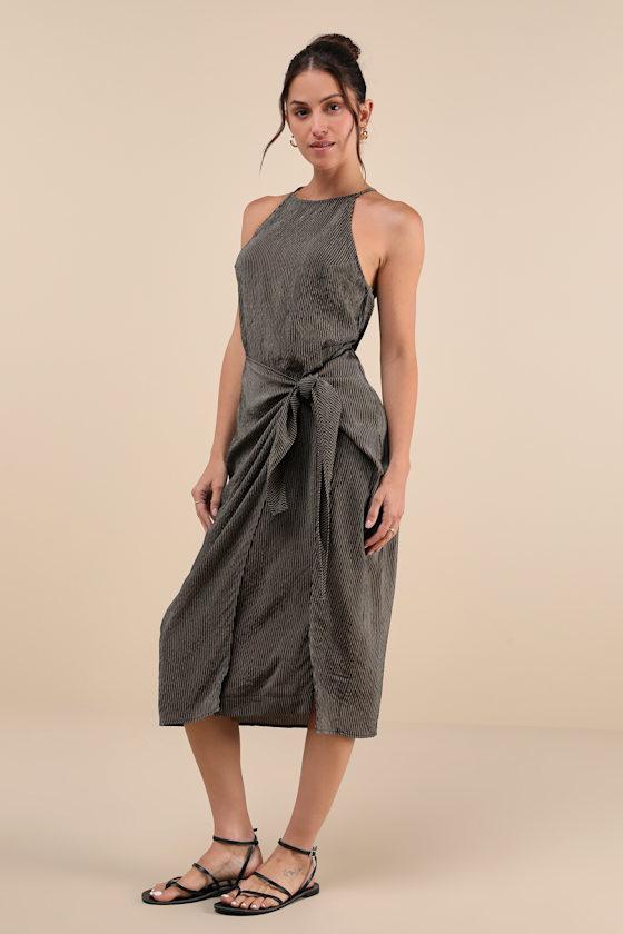 Amalfi Muse Black Striped Cutout Faux Wrap Midi Dress Product Image