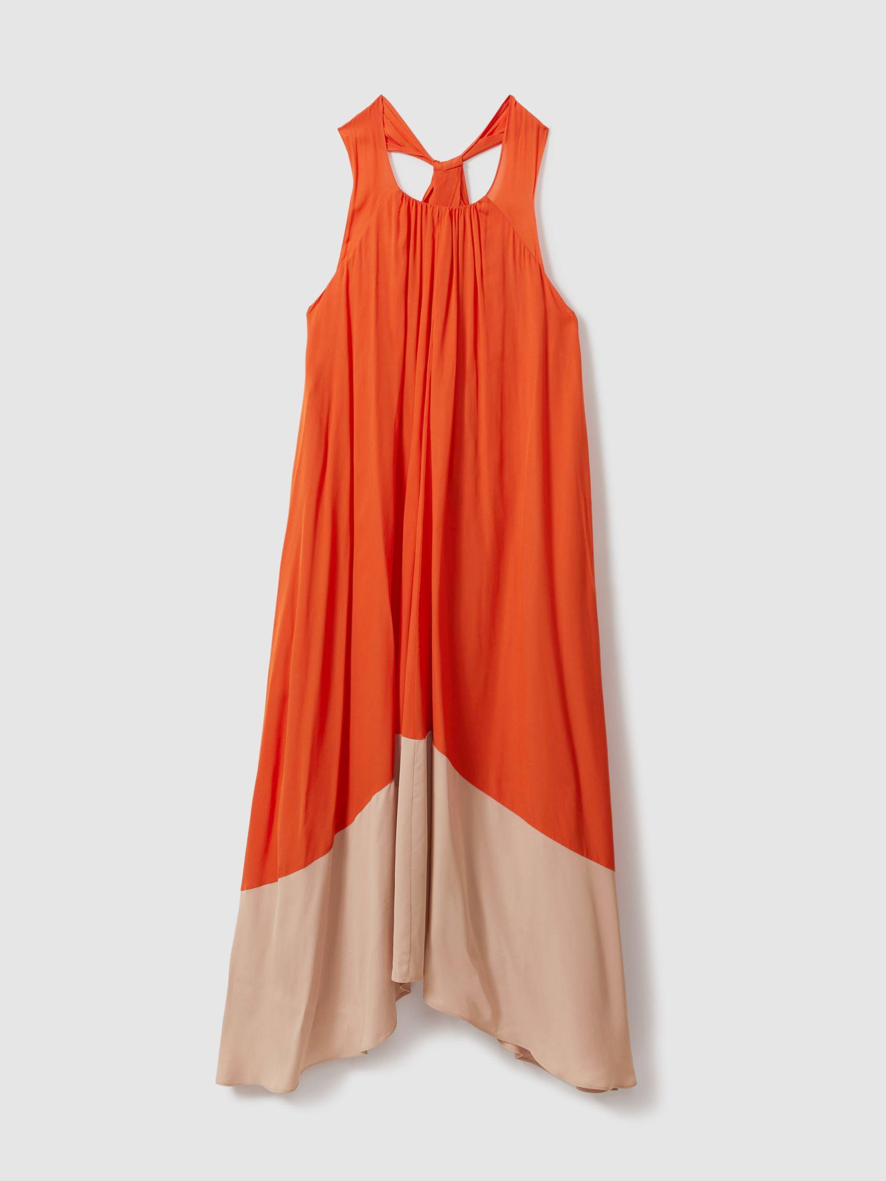 Ruched Dipped Hem Midi Dress in Orange Product Image