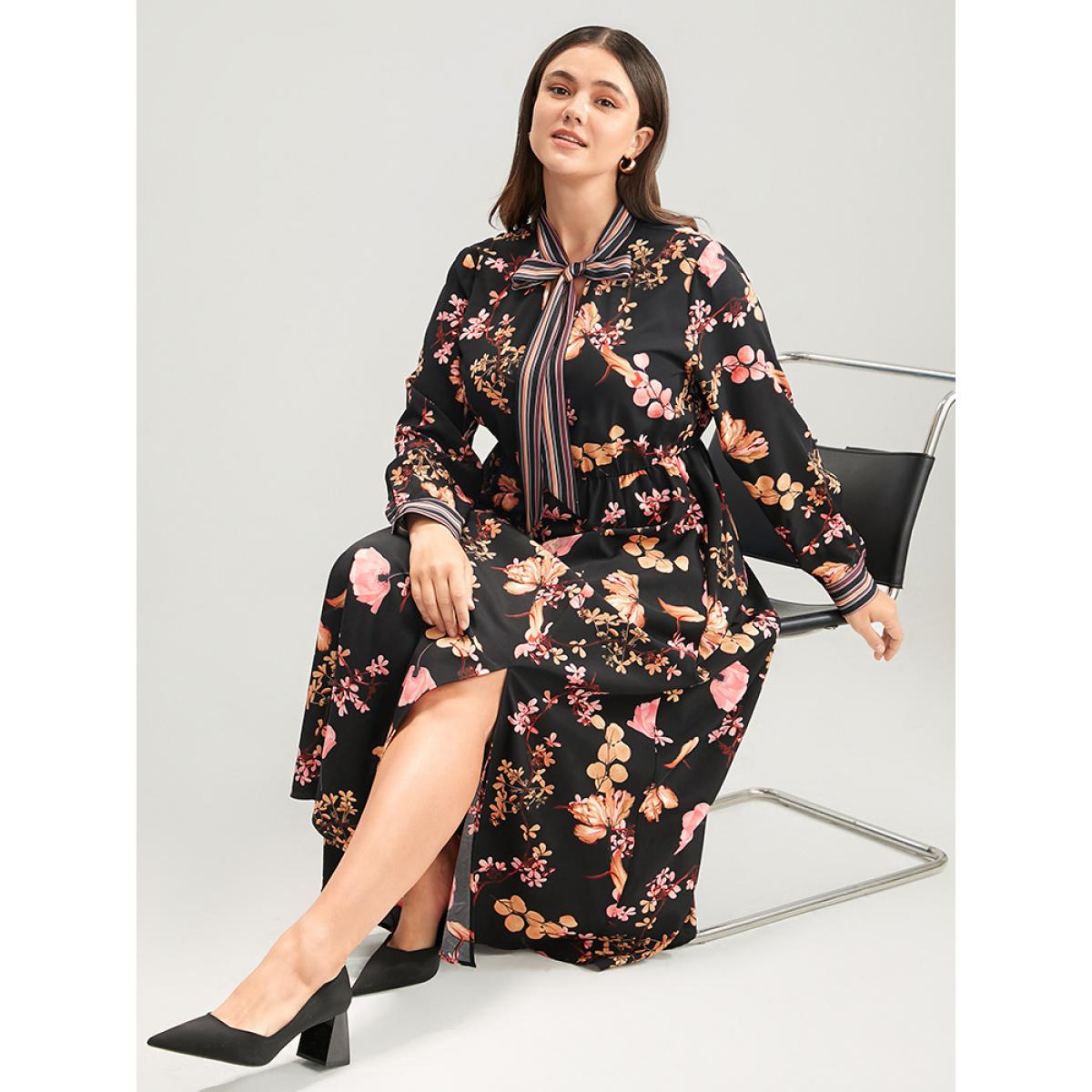 Plus Size Floral Keyhole Pocket Knotted Neck Split Dress Black Women Elegant Knotted Tie Neck Long Sleeve Curvy Long Dress BloomChic 14-16/1X Product Image