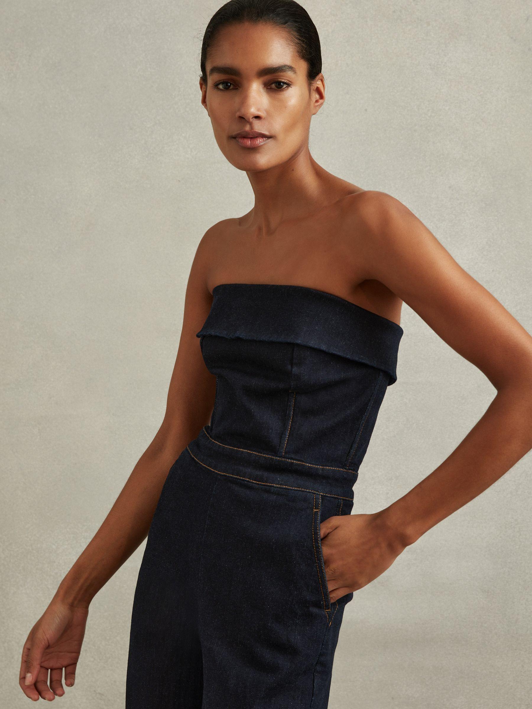 Denim Strapless Wide Leg Jumpsuit in Indigo Product Image