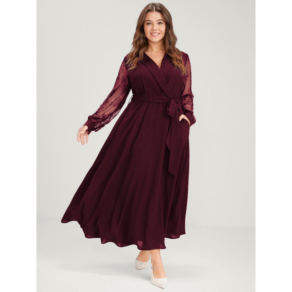 Plus Size Solid Lace Lantern Sleeve Button Lapel Collar Belted Maxi Dress Burgundy Women Elegant Cross straps Lapel Collar Long Sleeve Curvy Long Dress BloomChic 22-24/3X Product Image
