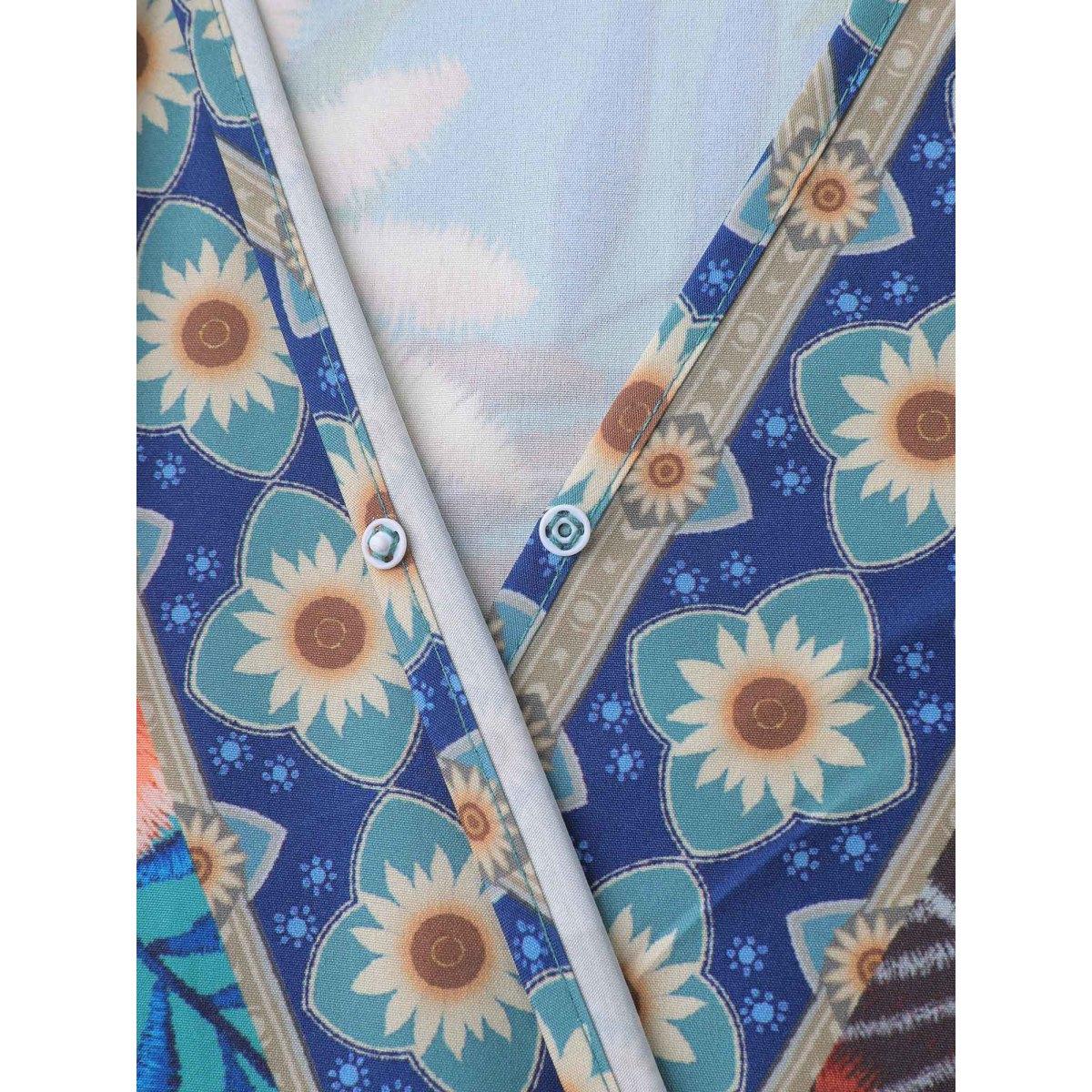 Plus Size Floral Print Surplice Neck Pockets Midi Dress Cerulean Women Resort Non Overlap Collar Short sleeve Curvy BloomChic 12/L Product Image