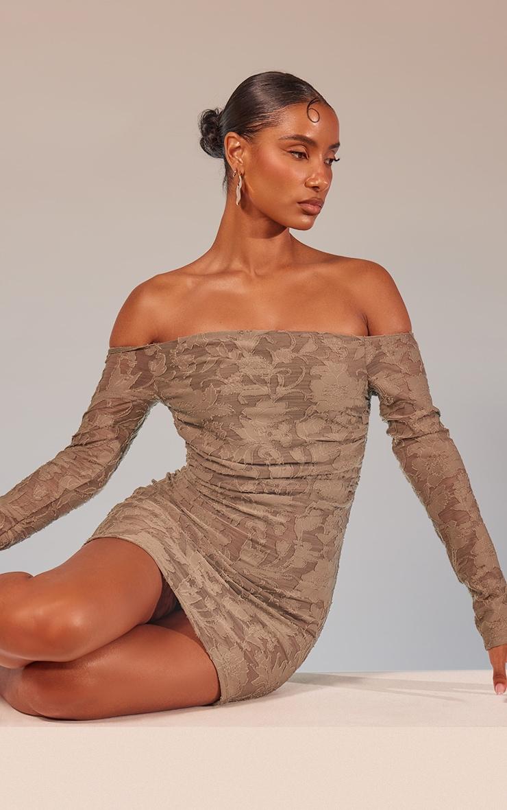 Khaki Floral Sheer Burnout Bardot Bodycon Dress Product Image