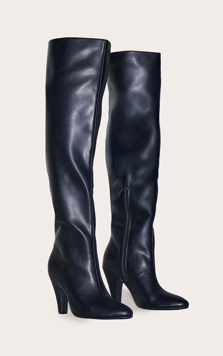 Black PU Point Toe Over The Knee Heeled Boot Product Image