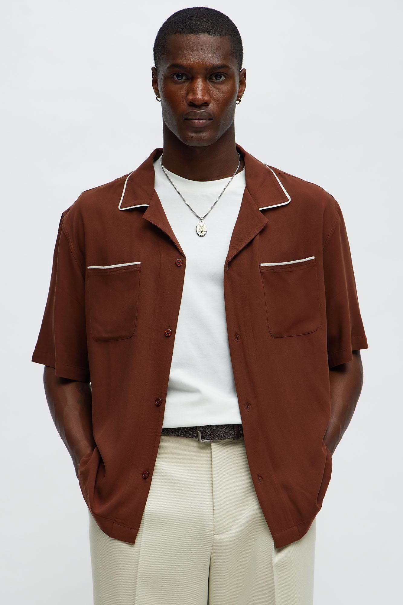 Casual Cropped PJ Style Button Up Shirt - Brown Product Image