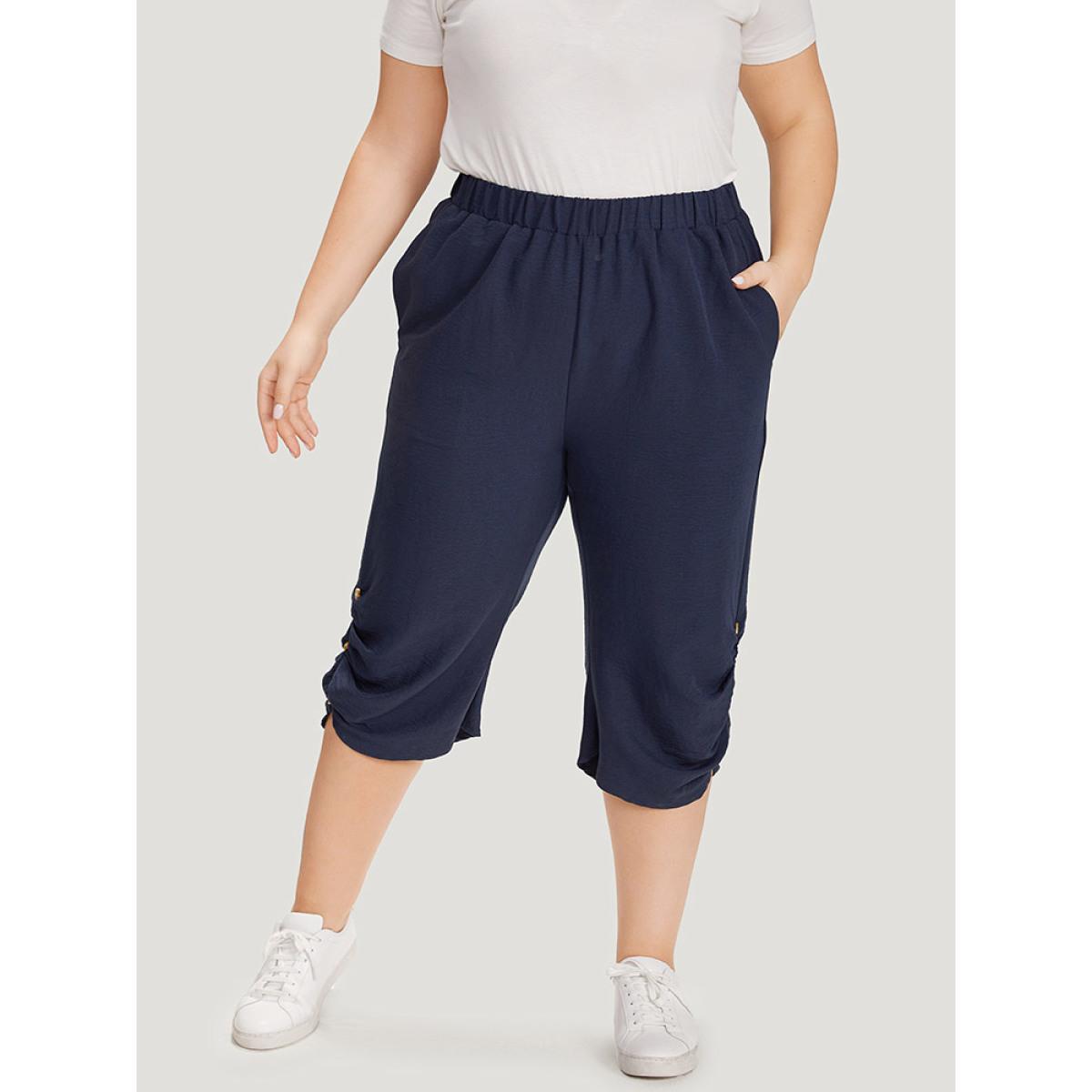 Plus Size Solid Pocket Beaded Detail Gathered Pants Women Blue Casual High Rise Dailywear Pants BloomChic 10/M Product Image