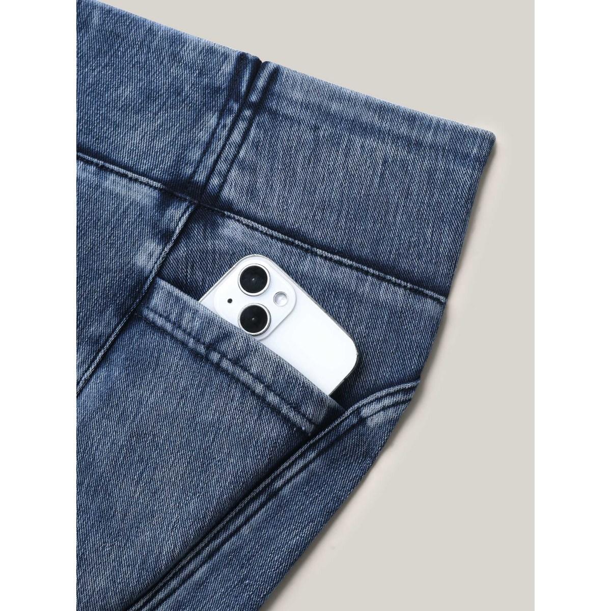 Plus Size Yoga Stretch Skinny Fit Knit Denim Women Midblue Elegant High stretch Slanted pocket Jeans BloomChic 12/L Product Image