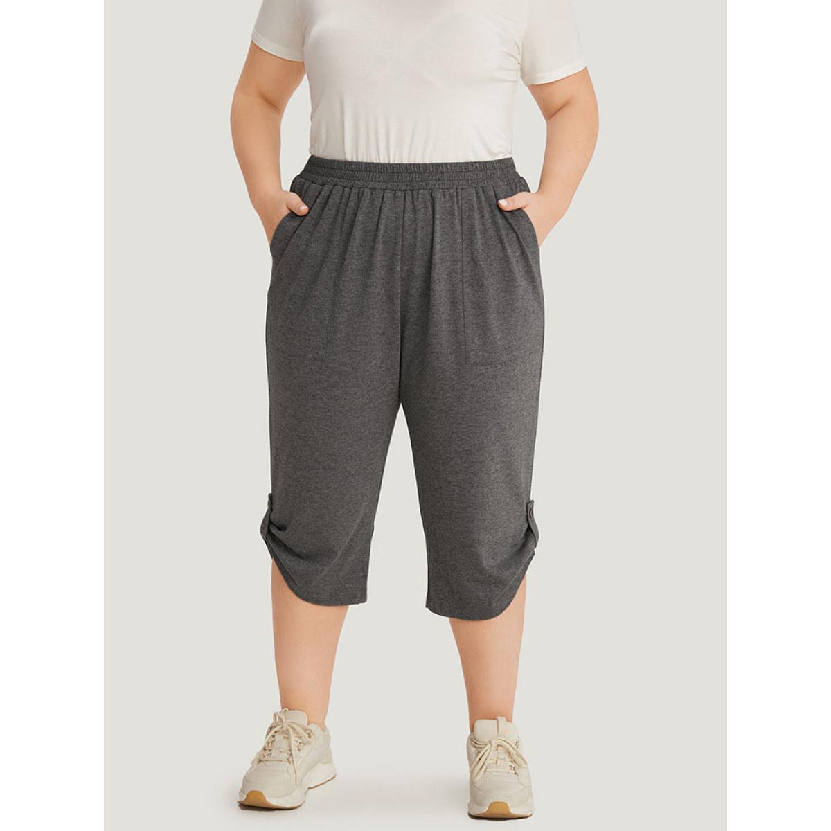 Supersoft Essentials Plain Pocket Button Detail Cropped Sweatpants DimGray Plus Size Women Casual Dailywear Elastic Waist 12/L Bloomchic Product Image