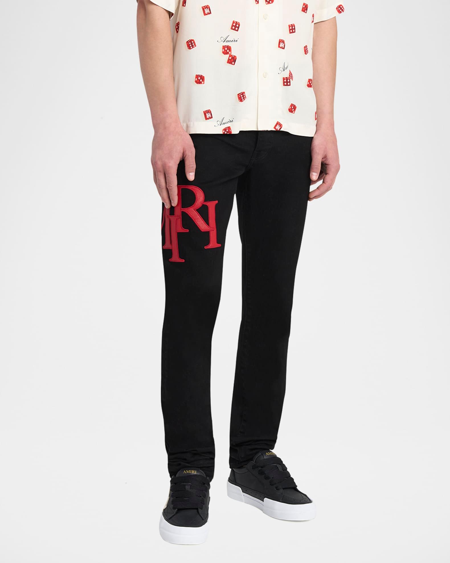 Men's Staggered Leather Logo Skinny Jeans Product Image