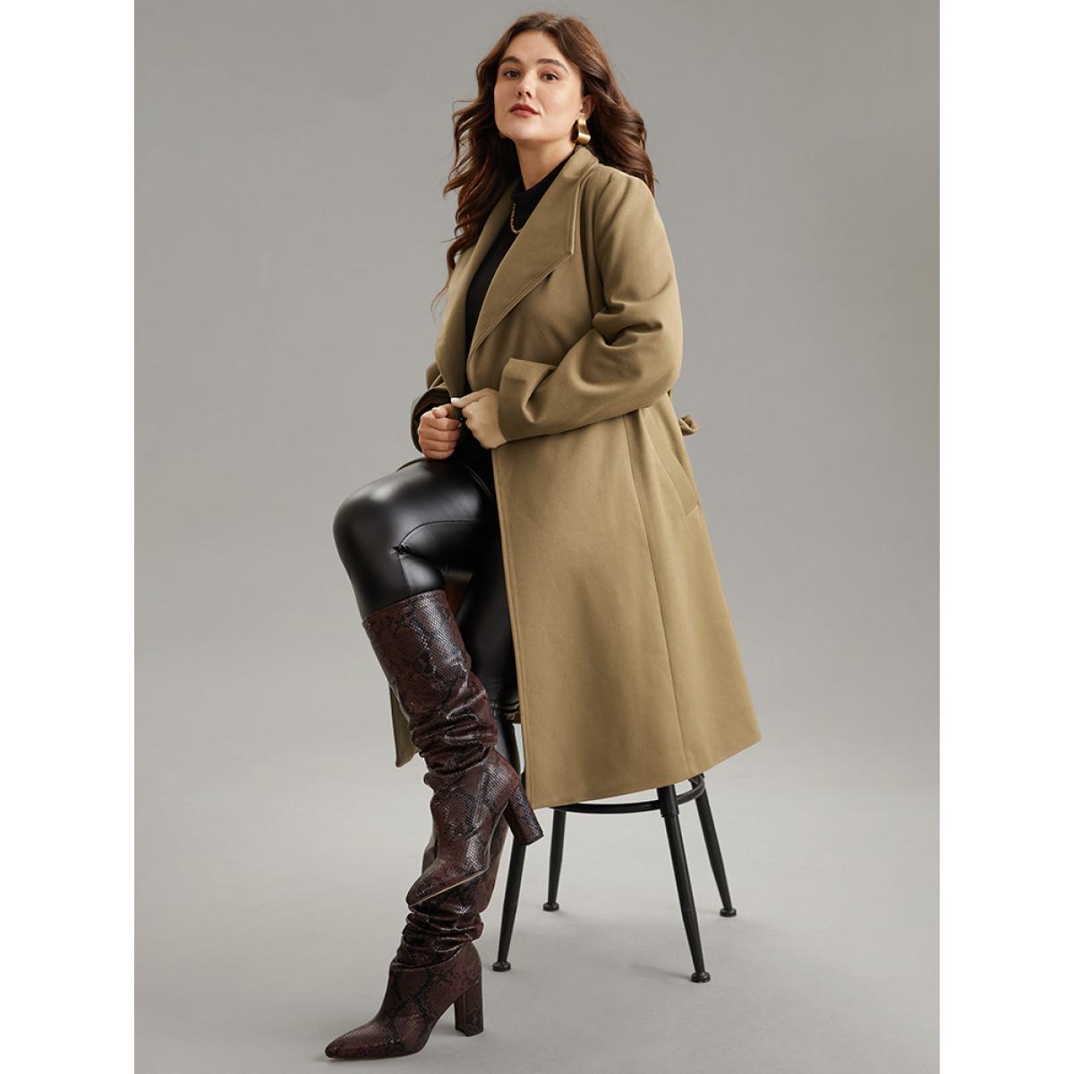 Plus Size Plain Pocket Belted Lapel Collar Tunic Coat Women Bronze Elegant Lined Ladies Dailywear Winter Coats BloomChic 30/6X Product Image