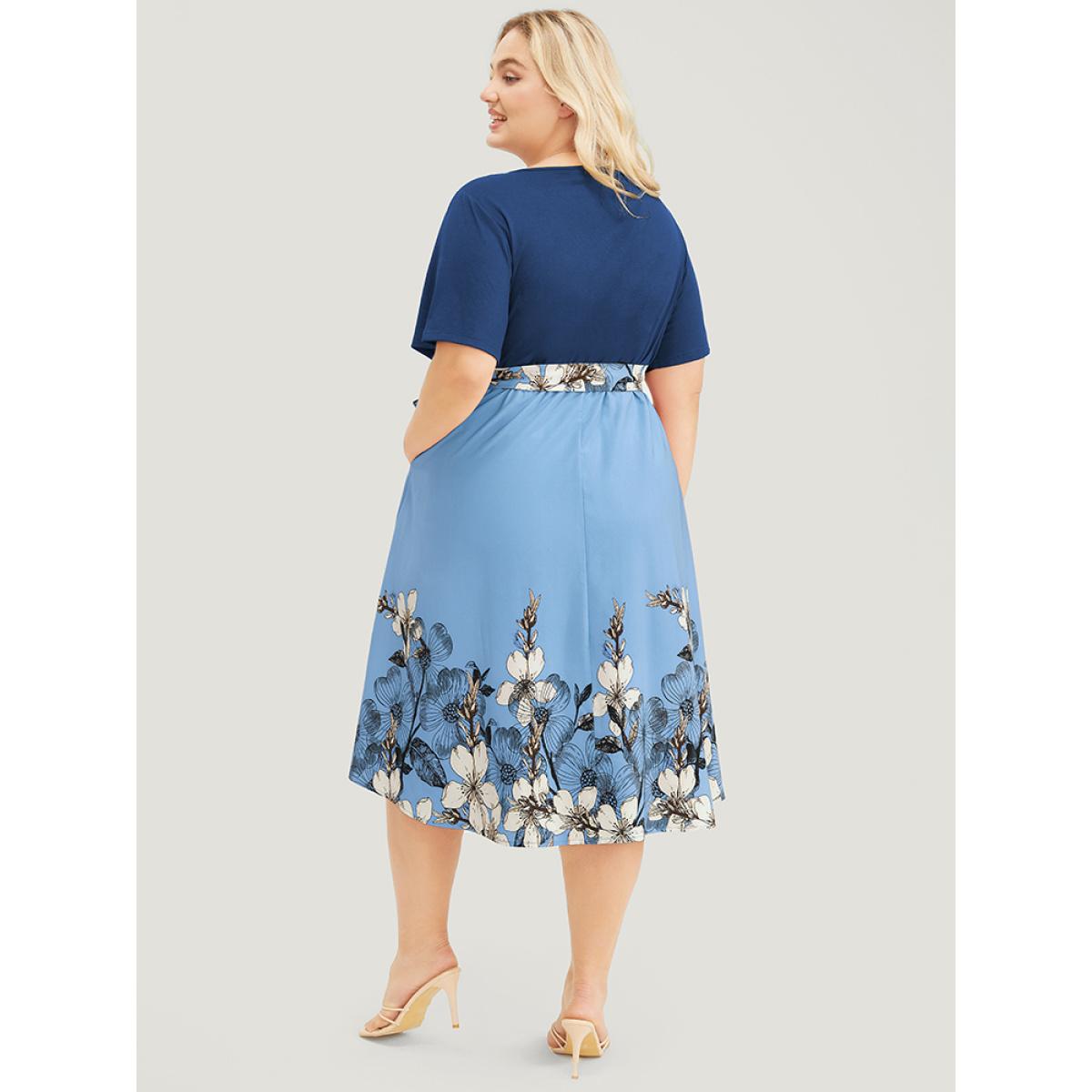 Plus Size Floral Patchwork Contrast Belt Pocket Ruffle Dress Stone Women Vacation Belted V-neck Short sleeve Curvy Midi Dress BloomChic 28/5X Product Image