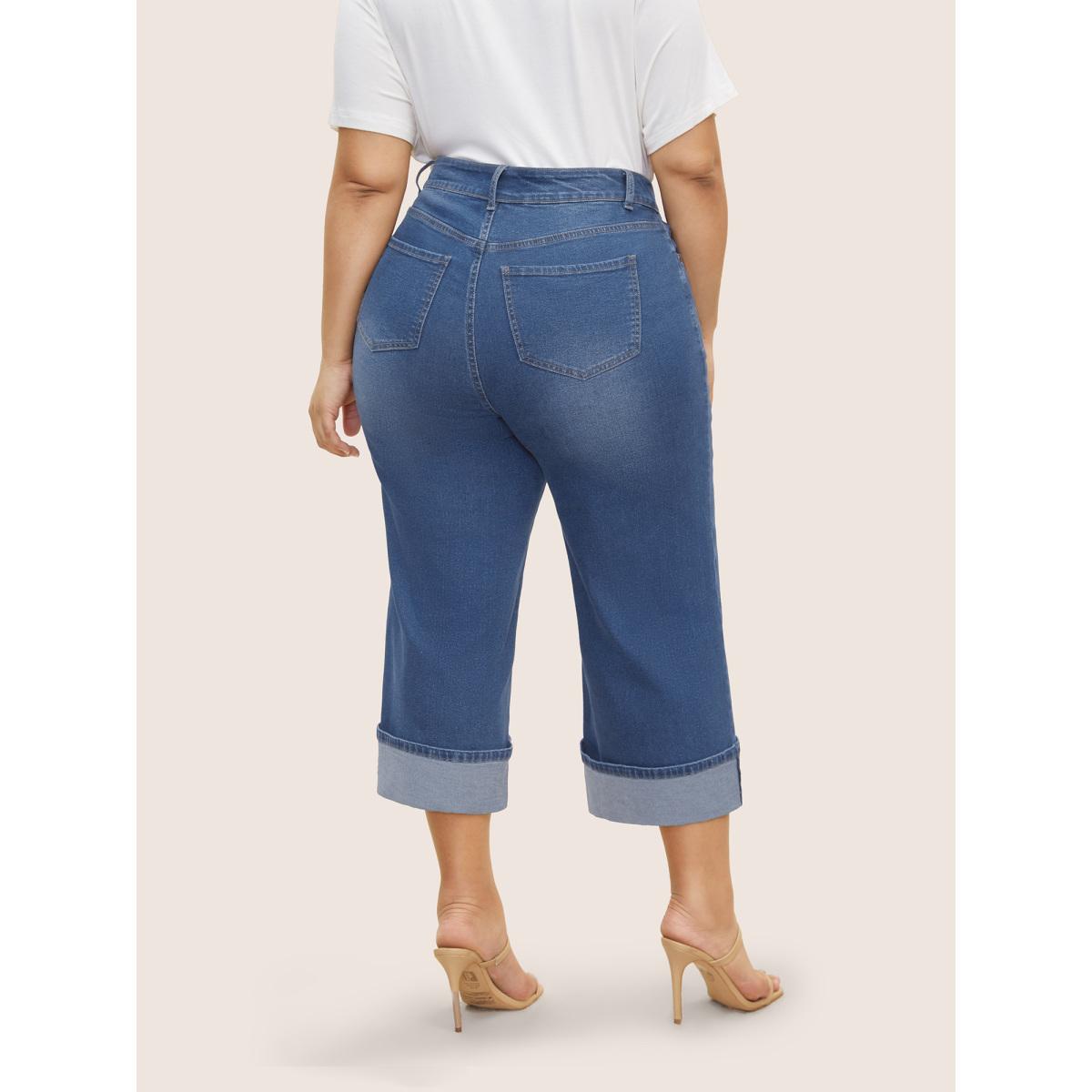 Plus Size Dark Wash Roll Hem Cropped Wide Leg Jeans Women Midblue Casual High stretch Slanted pocket Jeans BloomChic 12/L Product Image