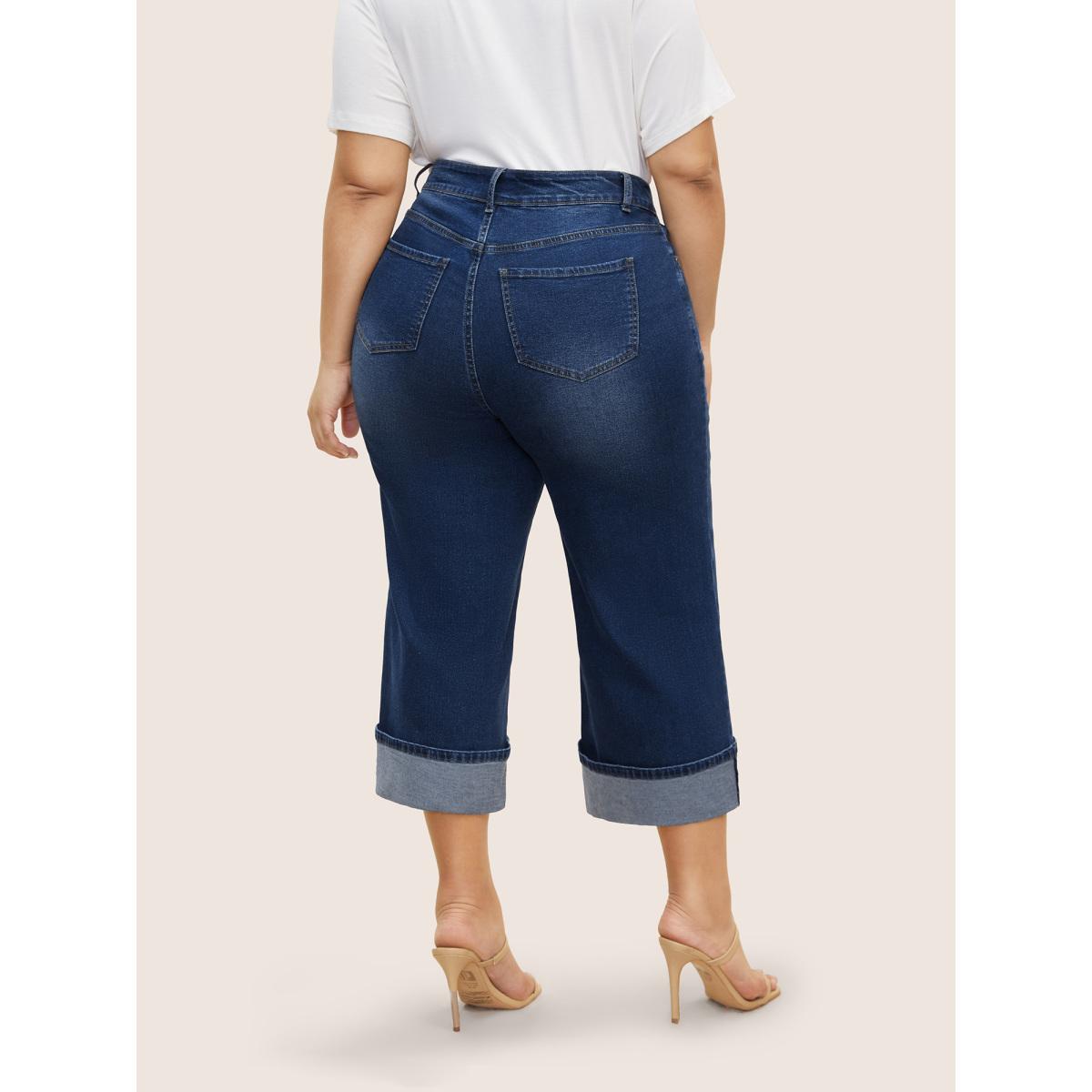 Plus Size Dark Wash Roll Hem Cropped Wide Leg Jeans Women Denimblue Casual High stretch Slanted pocket Jeans BloomChic 18/2X Product Image