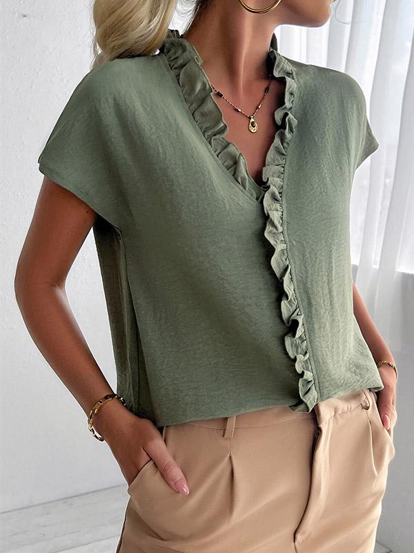 Loose Short Sleeves Ruffle Trim Solid Color V-Neck Blouses&Shirts Tops Product Image