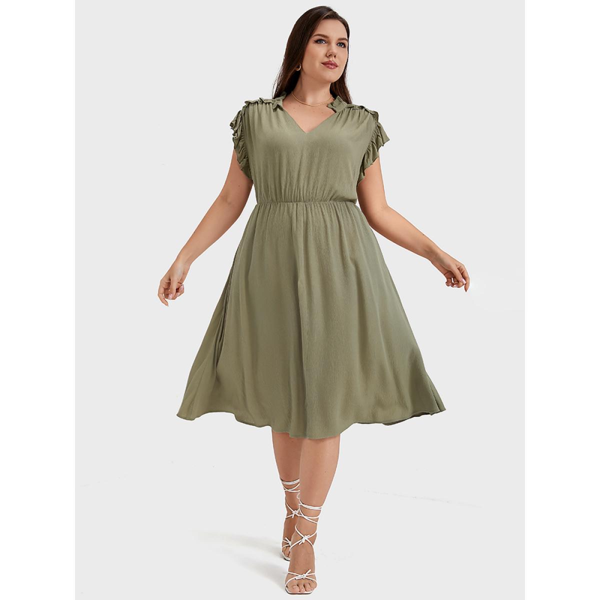 Plus Size Plain V Neck Ruffles Trim Pocket Knee Dress ArmyGreen Women Elegant Plain V-neck Cap Sleeve Curvy Midi Dress BloomChic 18-20/2X Product Image