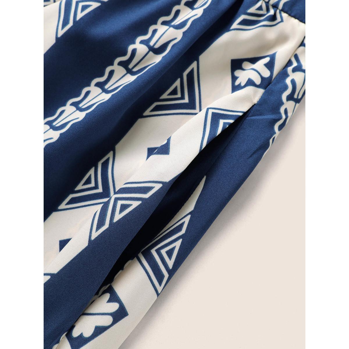 Plus Size Bandana Print Patchwork Elastic Waist Dress DarkBlue Women Resort Non V-neck Short sleeve Curvy Midi Dress BloomChic 14-16/1X Product Image