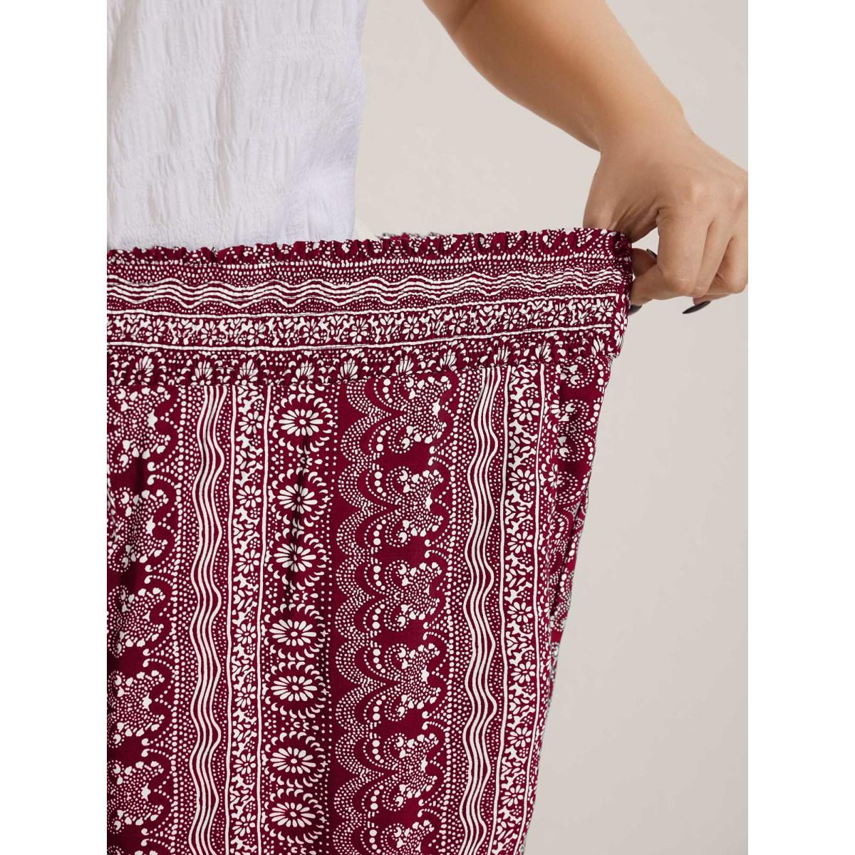 Plus Size Boho Print Shirred Waist Wide-Leg Pants Women Burgundy Boho Wide Leg Mid Rise Vacation Pants BloomChic 10/M Product Image