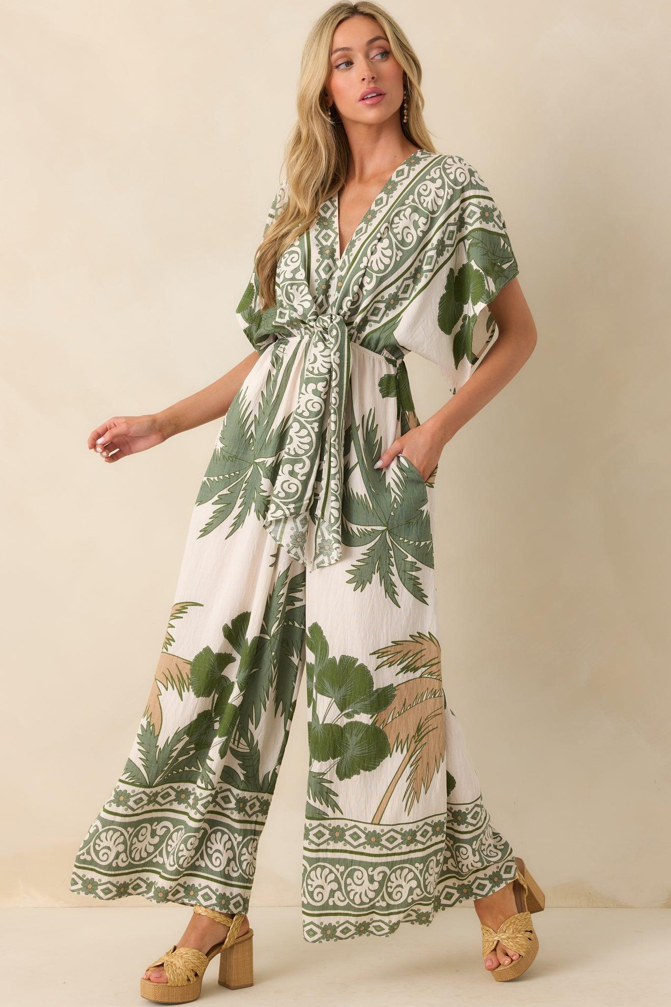 Leave Them Guessing Green Multi Tropical Print Jumpsuit Product Image