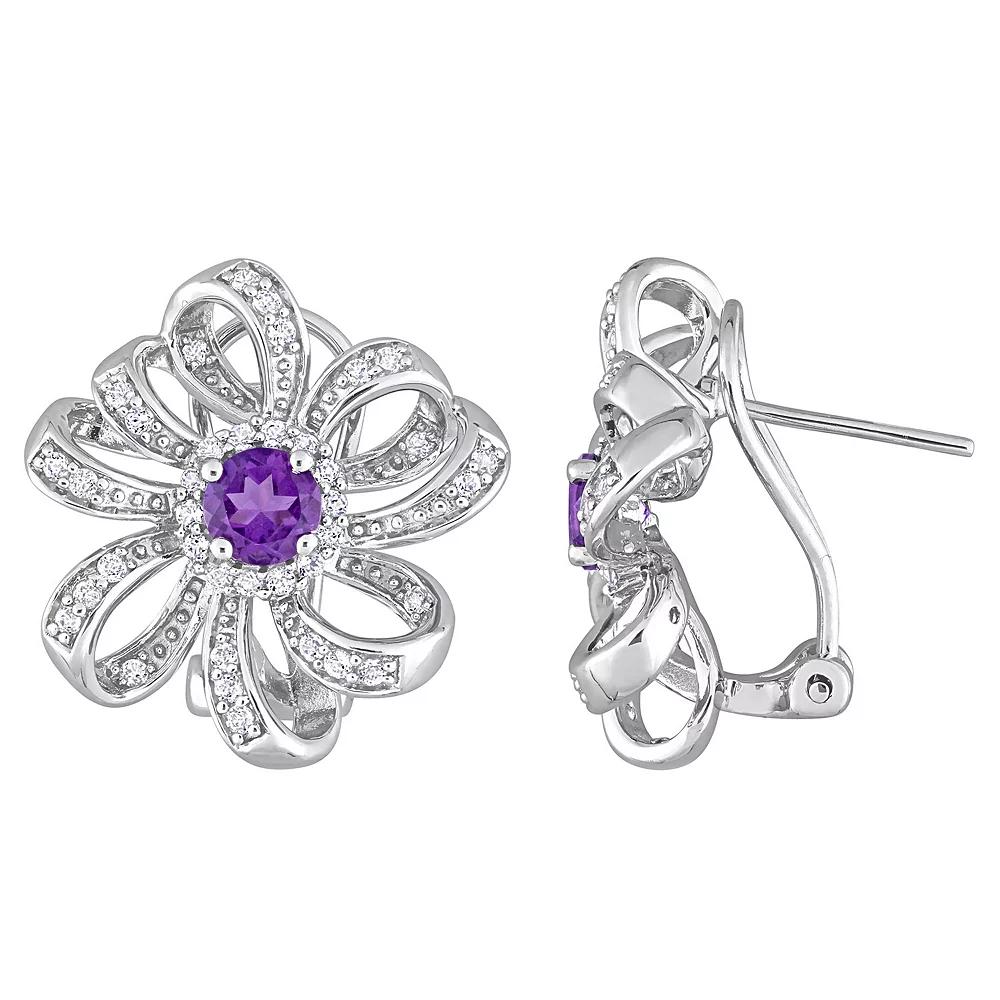 Stella Grace Sterling Silver African Amethyst & White Topaz Floral Omega Clip Earrings, Women's Product Image