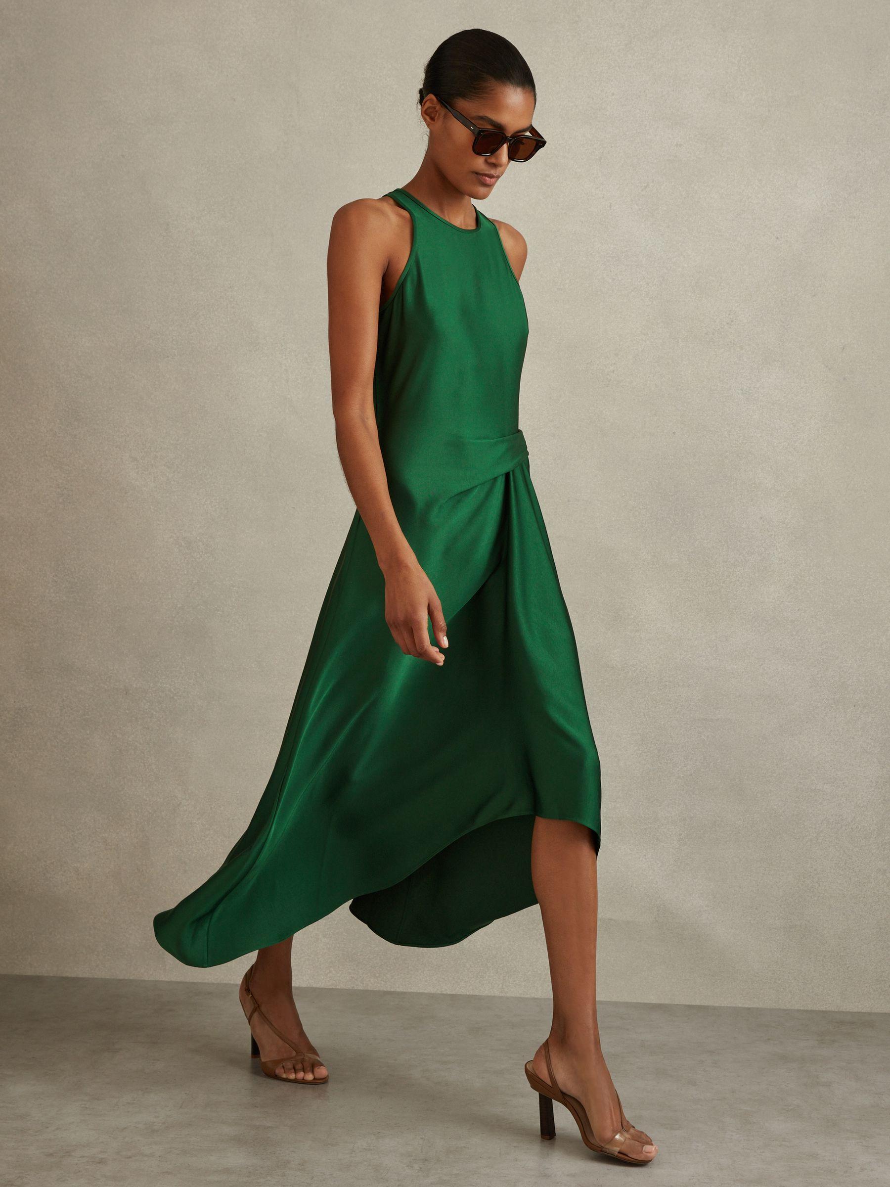 Petite Satin Drape Tuck Midi Dress in Green Product Image