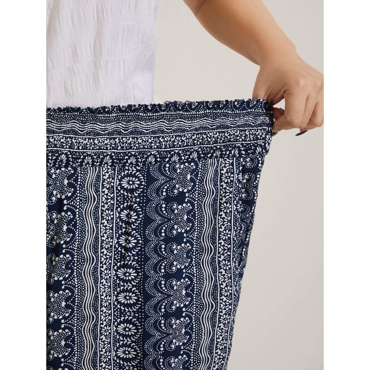 Plus Size Boho Print Shirred Waist Wide-Leg Pants Women Indigo Boho Wide Leg Mid Rise Vacation Pants BloomChic 10/M Product Image