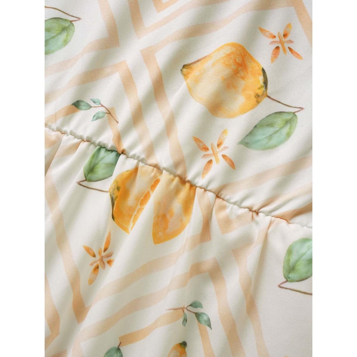 Plus Size Citrus Lemon Print Gathered Belted Tank Dress Ivory Women Elegant Belted V-neck Sleeveless Curvy Midi Dress BloomChic 28/5X Product Image