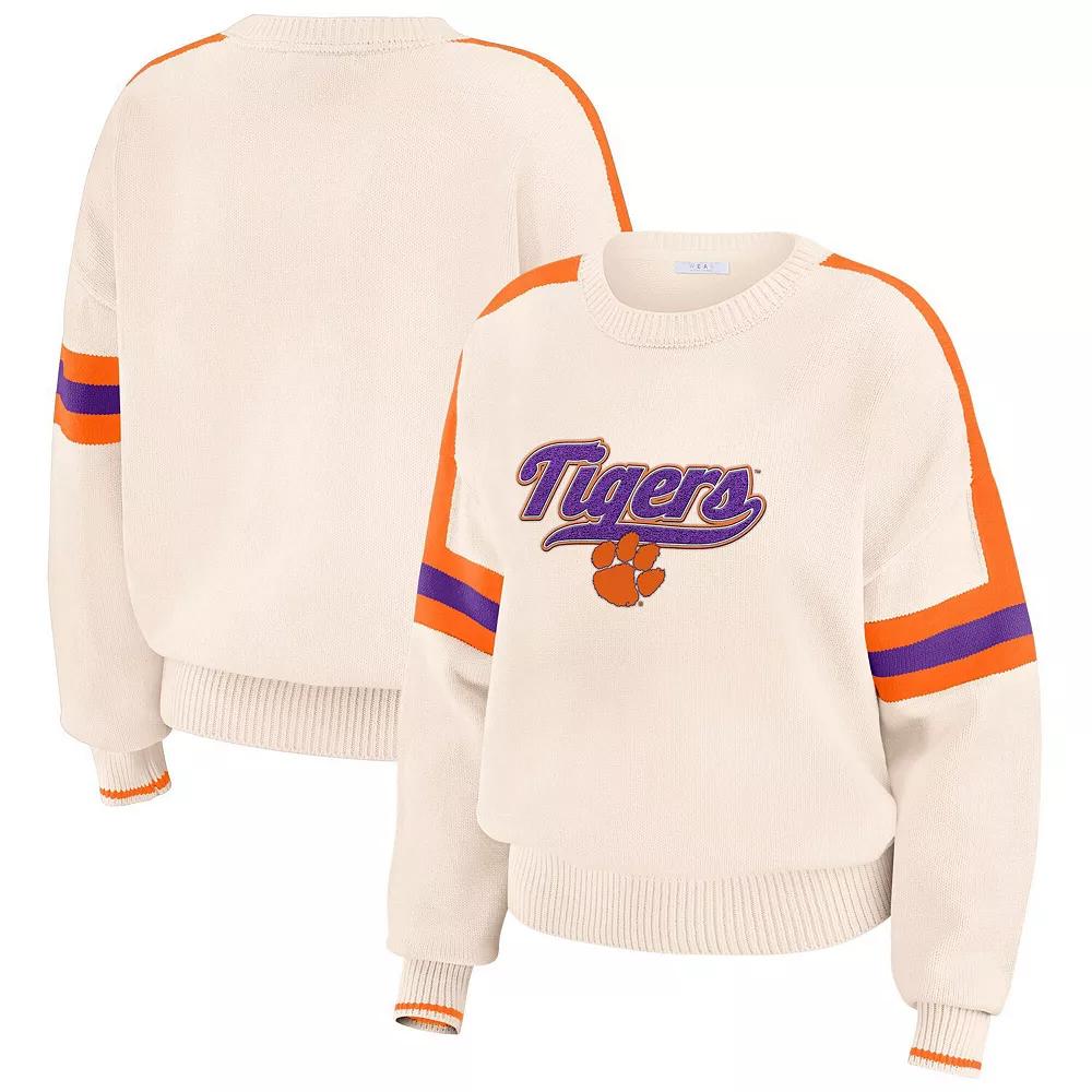 Women's WEAR by Erin Andrews Cream Clemson Tigers Chenille Woven Patch Stripe Pullover Sweater,  Product Image