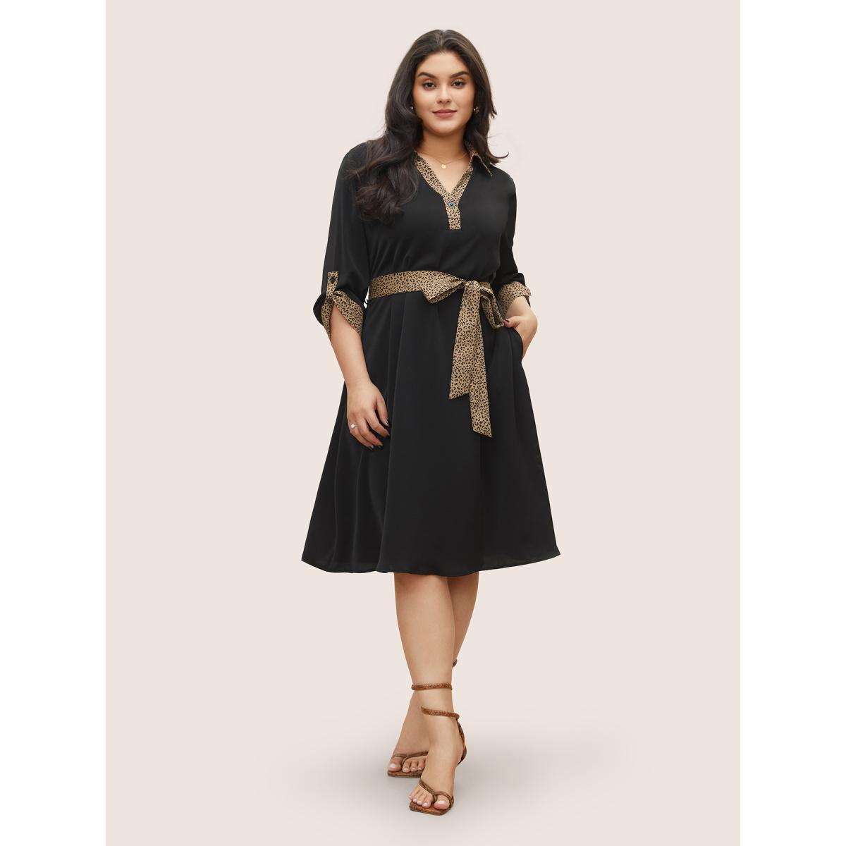 Plus Size Anti-Wrinkle Leopard Patchwork Tab Sleeve Dress Black Women At the Office Non Lapel Collar Elbow-length sleeve Curvy Midi Dress BloomChic 30/6X Product Image