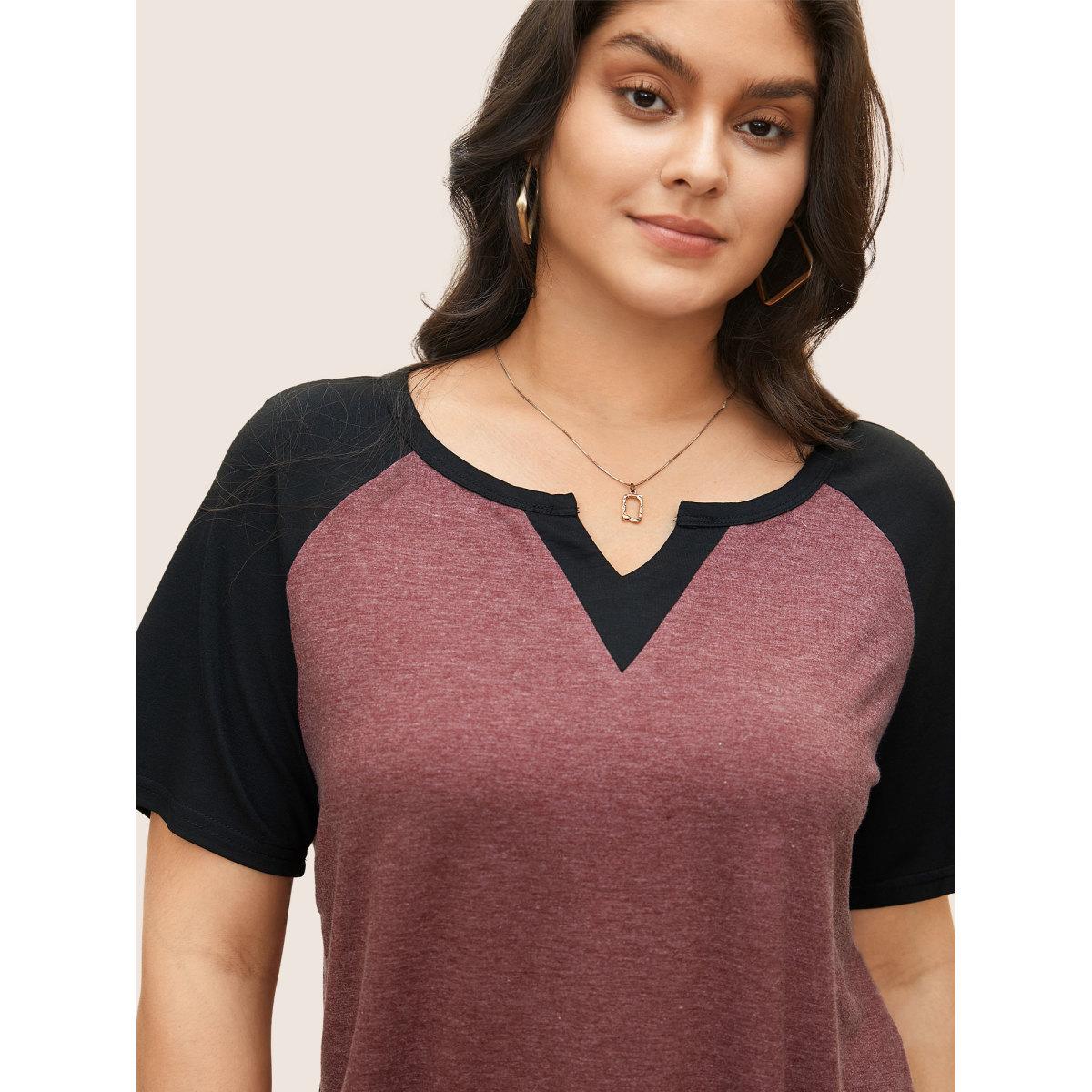 Plus Size Colorblock Contrast Notched Raglan Sleeve T-shirt Burgundy Women Leisure Plain Casual T-shirts BloomChic 10/M Product Image