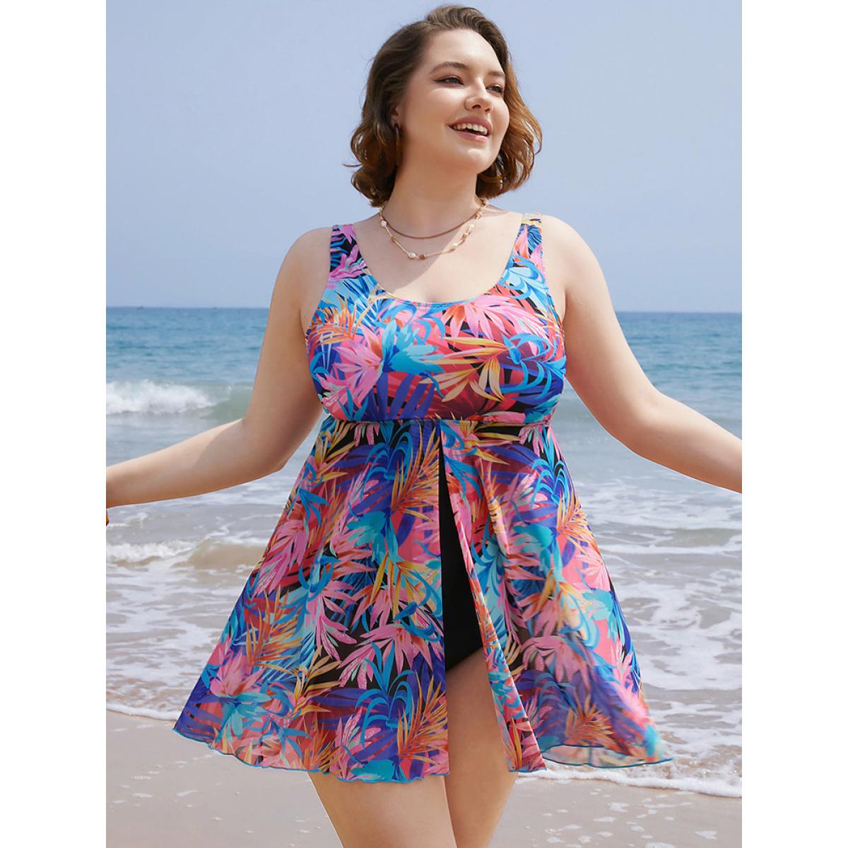 Plus Size Tropical Print Ruffles Split Front Swim Dress Women's Swimwear Multicolor Vacation Bodycon Round Neck High stretch Curve Swim Dresses BloomChic 22-24/3X Product Image