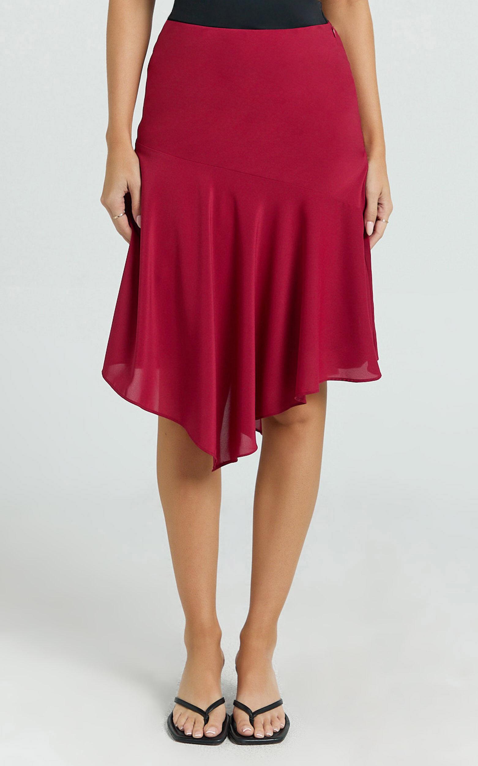 Clare Midi Skirt - Mid Waisted Asymmetric Bias Cut Slip Skirt in Cherry Red Product Image