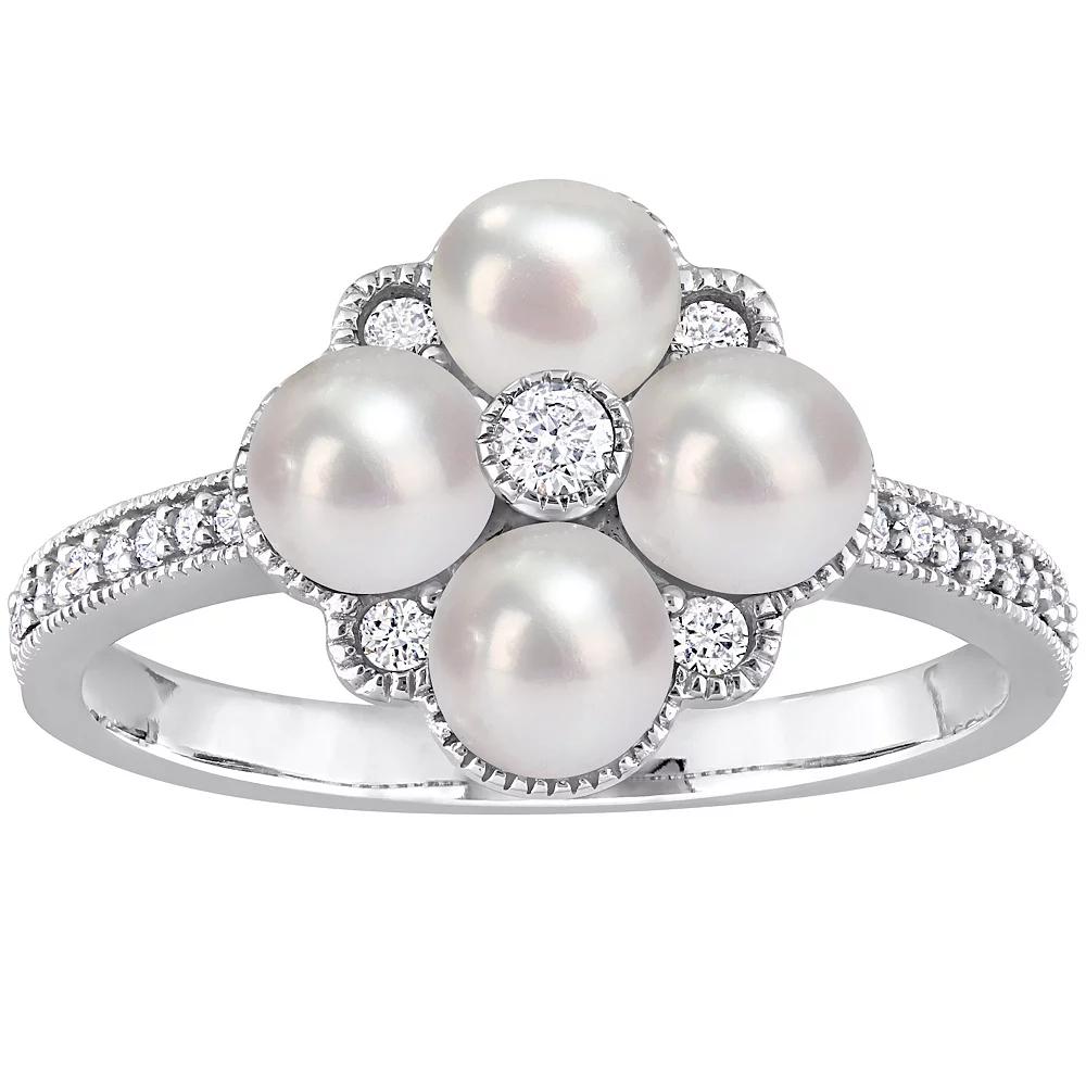 Stella Grace 14k White Gold Freshwater Cultured Pearl & 1/6 Carat T.W. Diamond Cluster Ring, Women's, Size: 8 Product Image