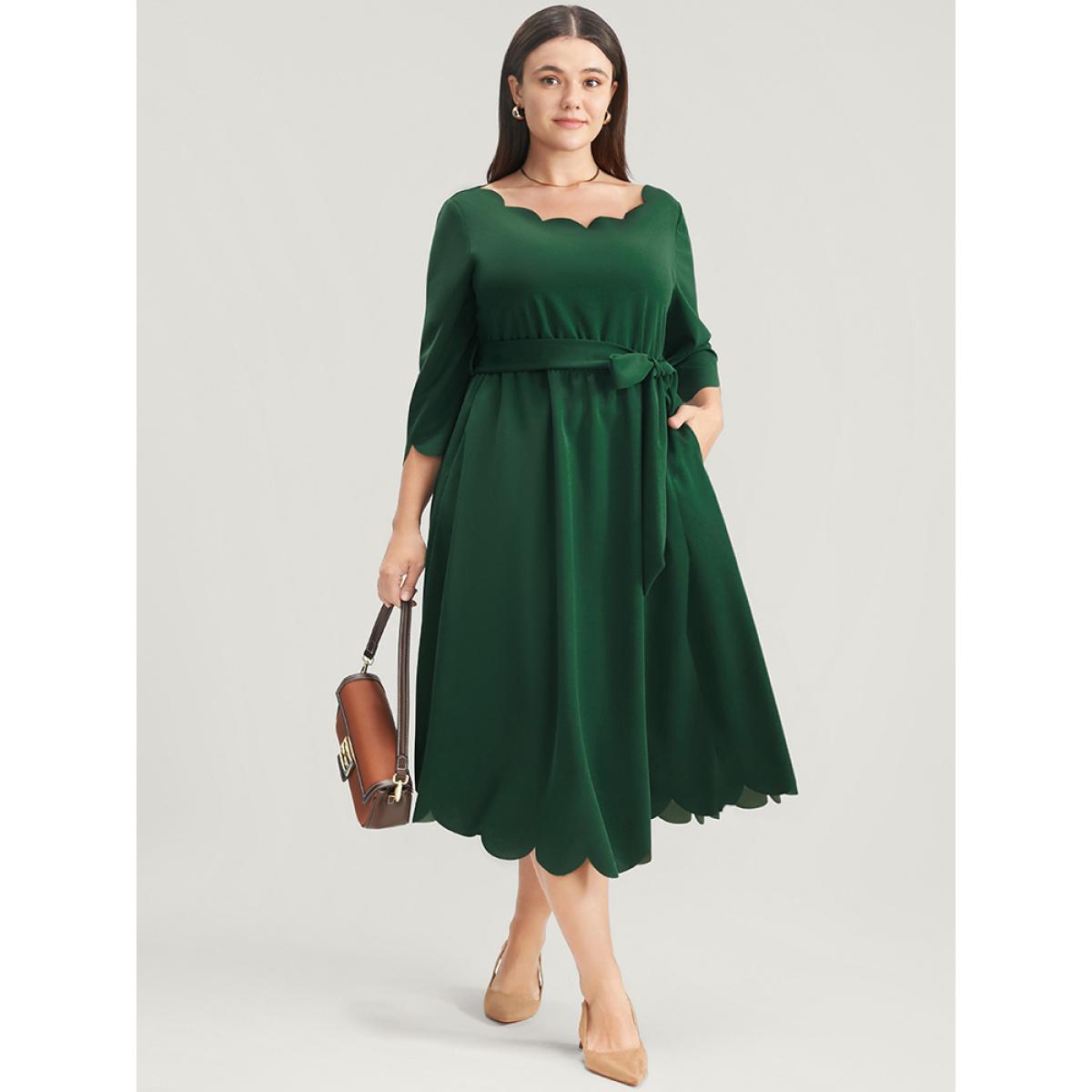 Plus Size Solid Pocket Scalloped Trim Belted Midi Dress Green Women Elegant Pocket Round Neck Elbow-length sleeve Curvy Midi Dress BloomChic 14-16/1X Product Image