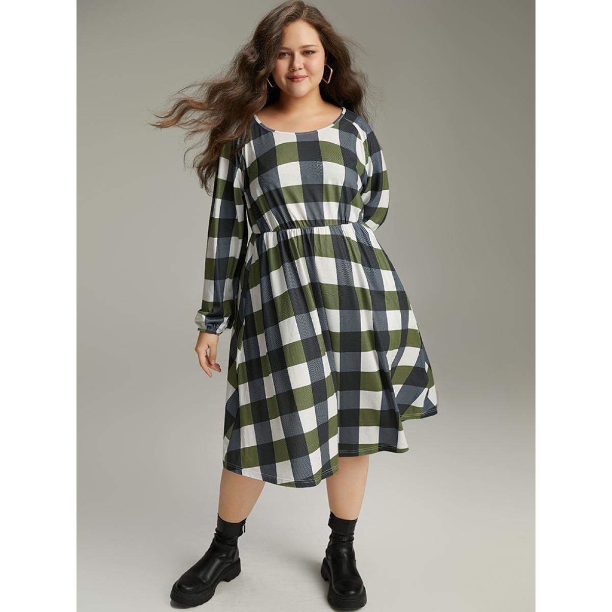 Plus Size Plaid Lantern Sleeve Ruffle Hem Dress DimGray Women Casual Elastic cuffs Scoop Neck Long Sleeve Curvy Midi Dress BloomChic 12/L Product Image