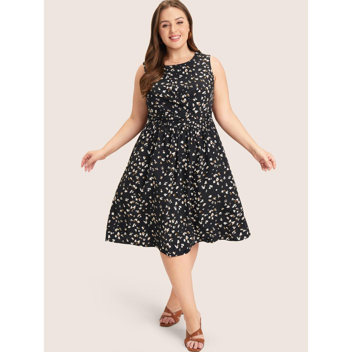 Plus Size Allover Print Pocket Flutter Crossover Ruched Tank Dress Black Women Elegant Twist Round Neck Sleeveless Curvy Midi Dress BloomChic 12/L Product Image